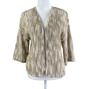 Chico's 1 (US M/8) Open Cardigan Loose Weave Cream Beige Cotton Blend 3/4 Sleeve